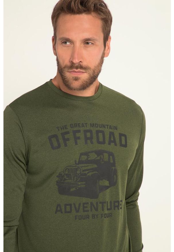 JAY-PI - Męska Koszulka z długim rękawem FLEXNAMIC® outdoor okrągły dekolt nadruk. Kolekcja: plus size. Kolor: zielony. Materiał: poliester, materiał. Długość rękawa: długi rękaw. Długość: długie. Wzór: nadruk. Sport: outdoor