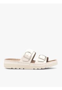 Ryłko - Kremowe klapki z dwoma paskami. Nosek buta: okrągły. Kolor: beżowy. Materiał: skóra. Wzór: paski. Styl: street, klasyczny, elegancki #1