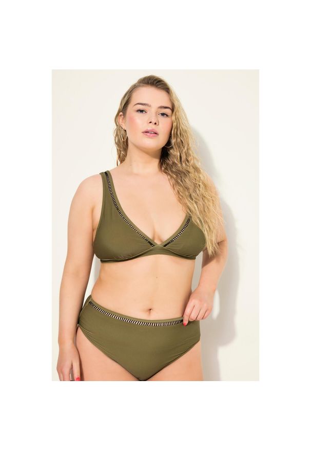 ULLA POPKEN - Damski Top bikini miękkie miseczki błyszczące obszycie dekolt w serek. Kolekcja: plus size. Kolor: zielony. Materiał: elastan, poliamid, materiał
