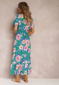 Renee - Zielona Rozkloszowana Sukienka Maxi z Gumkami w Talii i Falbankami Tayte. Typ kołnierza: kołnierz z falbankami. Kolor: zielony. Materiał: tkanina. Długość rękawa: krótki rękaw. Typ sukienki: kopertowe. Długość: maxi #5