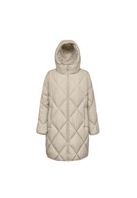 Damska długa kurtka z kapturem Geox Tahina. Typ kołnierza: kaptur. Kolor: beżowy, wielokolorowy, biały. Materiał: puch. Długość: długie #1