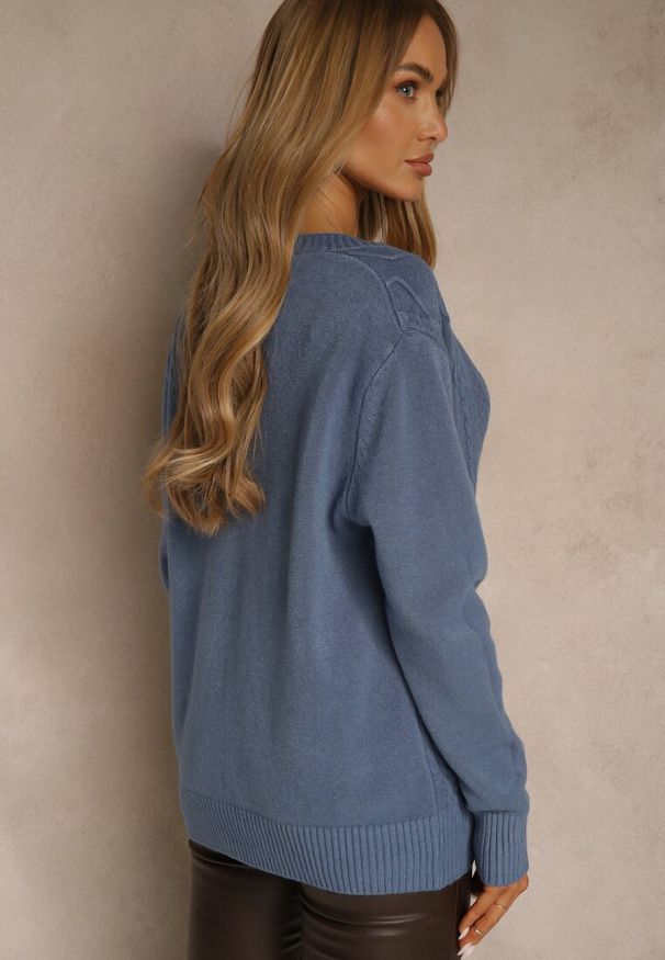 Renee - Niebieski Kardigan z Bawełną i Tłoczonym Wzorem Reisina. Okazja: na co dzień. Kolor: niebieski. Materiał: bawełna. Styl: casual, elegancki