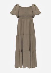 Born2be - Ciemnozielona Wiskozowa Sukienka z Bufiastymi Rękawami i Marszczoną Górą Liones. Okazja: na co dzień. Kolor: zielony. Materiał: wiskoza. Długość rękawa: krótki rękaw. Sezon: lato. Typ sukienki: proste. Styl: wakacyjny, casual #5