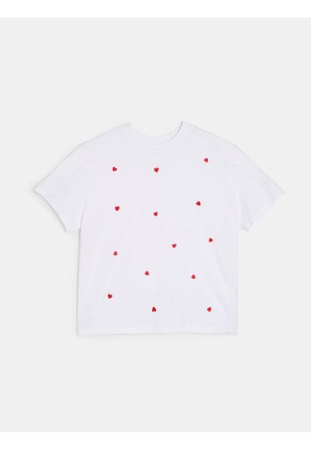 Sinsay - Bawełniana koszulka z krótkim rękawem w serca - kremowy. Kolor: kremowy. Materiał: bawełna. Długość rękawa: krótki rękaw. Długość: krótkie