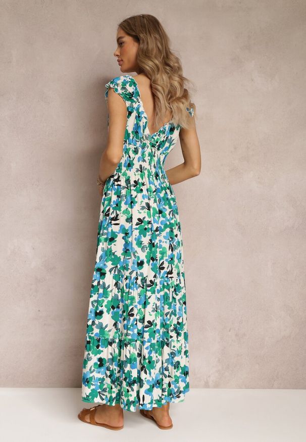 Renee - Zielona Kopertowa Sukienka Maxi w Kwiaty z Gumką w Pasie z Wiskozy Marielys. Kolor: zielony. Materiał: wiskoza. Wzór: kwiaty. Typ sukienki: kopertowe. Długość: maxi