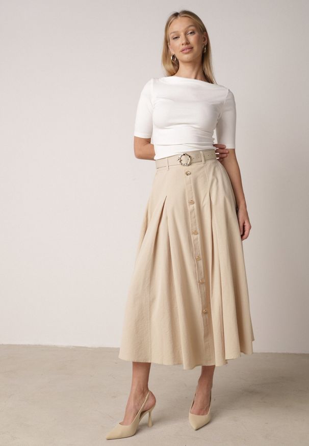 Born2be - Beżowa Spódnica Rozkloszowana z Bawełną i Paskiem oraz Kieszniami Jorlea. Okazja: na co dzień. Kolor: beżowy. Materiał: bawełna. Sezon: lato. Styl: casual, elegancki, boho, klasyczny