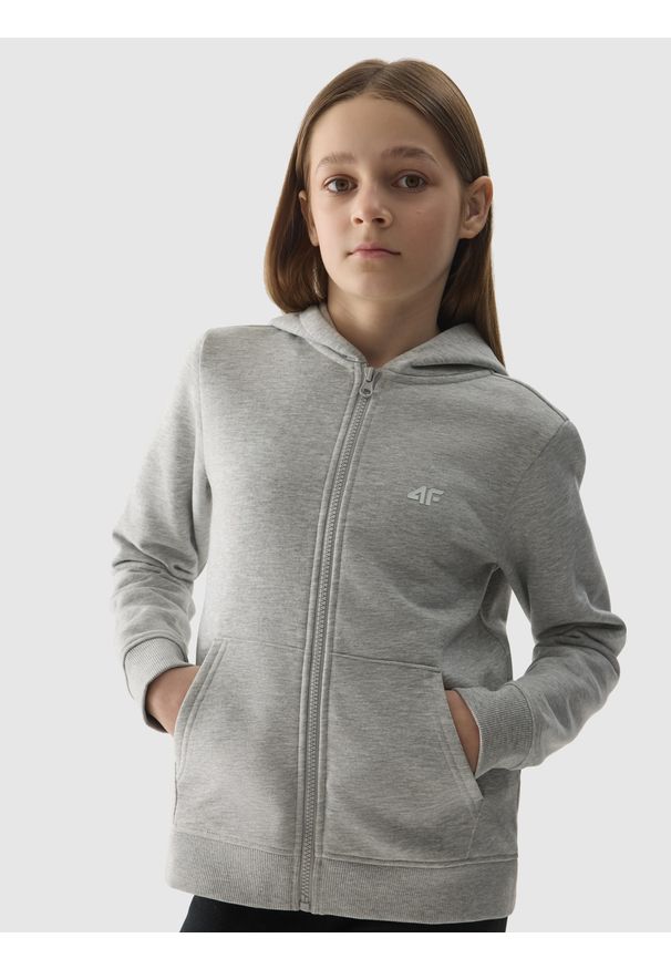 4f - 4F Bluza dresowa rozpinana z kapturem dziewczęca - szara 146 (10-11 lat). Okazja: na co dzień. Typ kołnierza: kaptur. Kolor: szary. Materiał: dresówka. Wzór: gładki, ze splotem. Sezon: lato. Styl: casual, sportowy