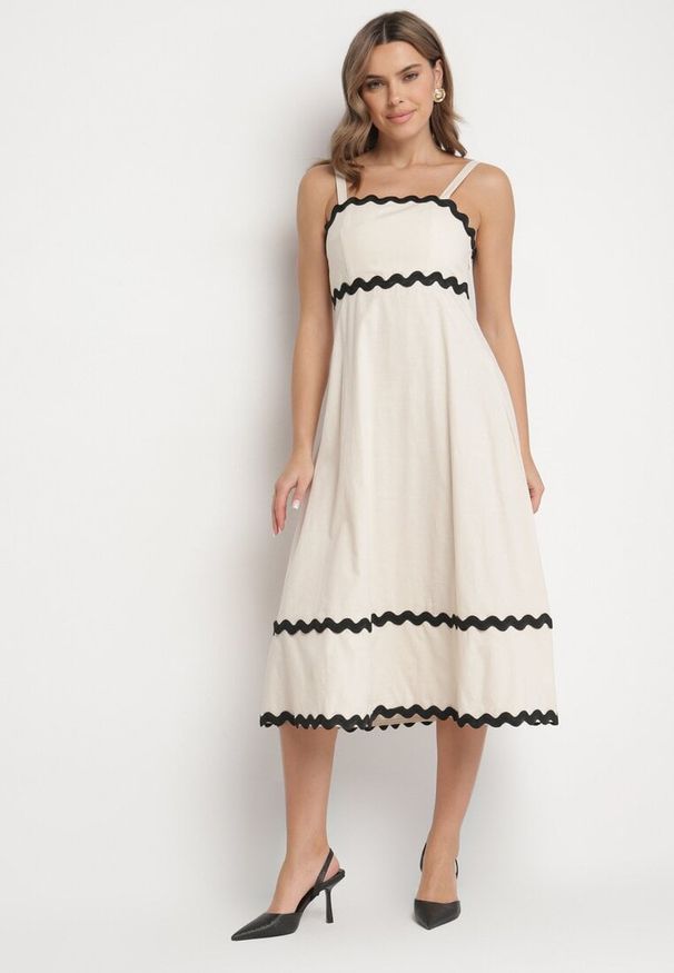 Born2be - Beżowa Sukienka z Bawełną Wiskozą na Ramiączkach z Lamówką Ilanise. Okazja: na spacer, na co dzień. Kolor: beżowy. Materiał: bawełna, wiskoza. Długość rękawa: na ramiączkach. Wzór: aplikacja. Sezon: lato. Typ sukienki: proste. Styl: casual, elegancki