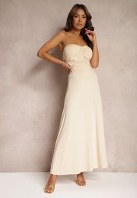 Renee - Beżowa Rozkloszowana Spódnica High Waist z Marszczeniem w Pasie Nolisea. Stan: podwyższony. Kolor: beżowy. Materiał: tkanina