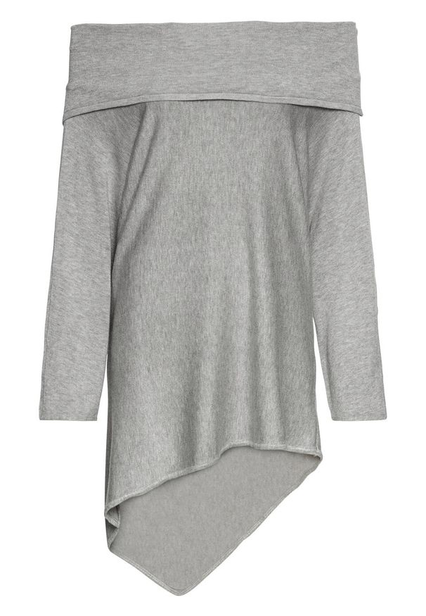 Sweter oversize z dekoltem carmen bonprix jasnoszary melanż. Typ kołnierza: typu carmen. Kolor: szary. Materiał: materiał, wiskoza, poliamid. Wzór: melanż