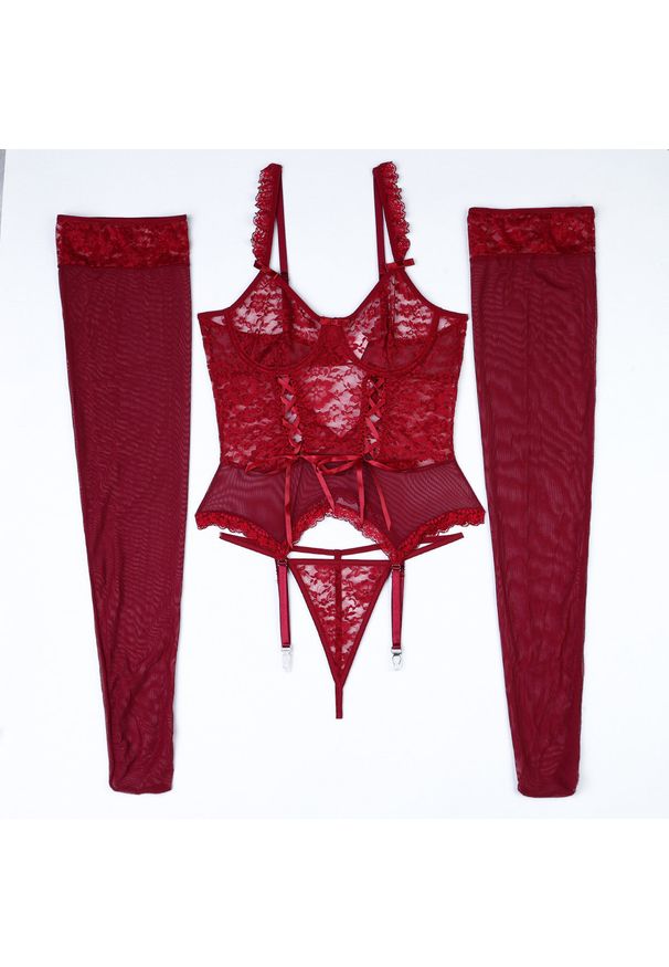 Intica - Gorset koronkowy z regulowanymi paskami na romantyczne wieczory Maliyah. Kolor: czerwony. Materiał: koronka. Wzór: paski, koronka