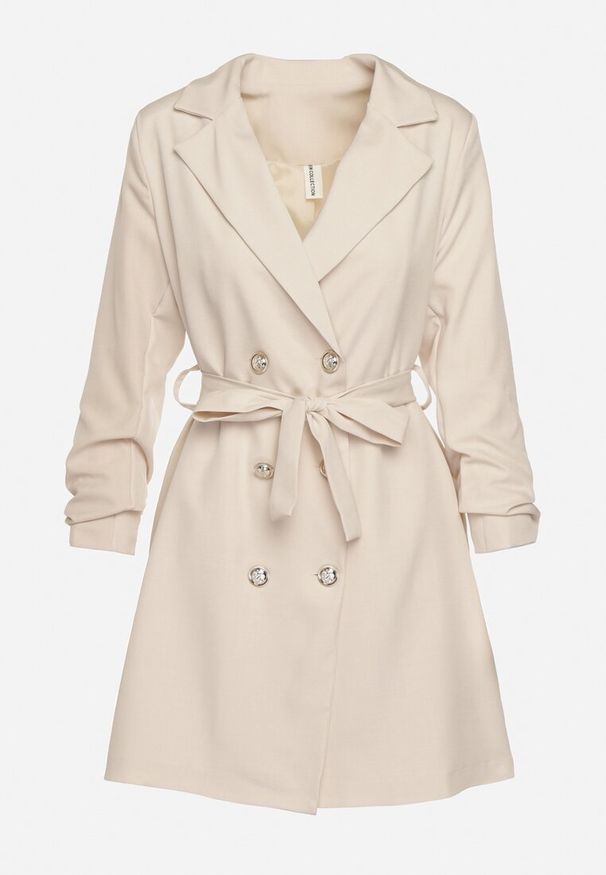 Born2be - Beżowa Elegancka Sukienka Dwurzędowa w Stylu Marynarki z Materiałowym Paskiem i Marszczonymi Rękawami Weira. Okazja: na imprezę, na spotkanie biznesowe. Typ kołnierza: dekolt w kształcie V. Kolor: beżowy. Materiał: materiał. Styl: elegancki