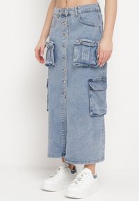 Born2be - Niebieska Jeansowa Spódnica z Wysokim Stanem z Guzikami i Ozdobnymi Kieszeniami Teruna. Okazja: na co dzień. Stan: podwyższony. Kolor: niebieski. Materiał: jeans. Styl: elegancki, casual #4