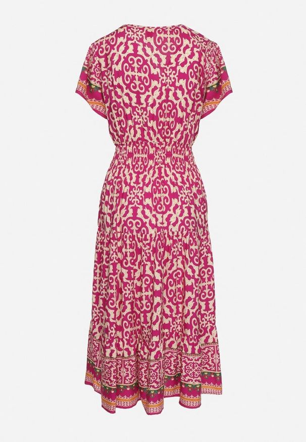 Born2be - Fioletowa Bawełniana Sukienka z Gumką w Talii i Guzikami Natiflione. Okazja: na co dzień. Typ kołnierza: dekolt w kształcie V. Kolor: fioletowy. Materiał: bawełna. Typ sukienki: rozkloszowane, oversize. Styl: elegancki, klasyczny, casual