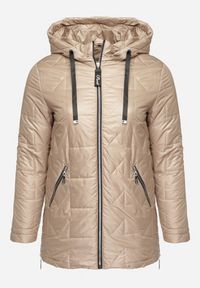 Born2be - Beżowa Pikowana Kurtka Ozdobiona Pikowaniem z Odpinanym Kapturem Falerosa. Okazja: na co dzień, na spacer. Kolekcja: plus size. Kolor: beżowy. Materiał: jeans. Wzór: aplikacja. Styl: casual #3