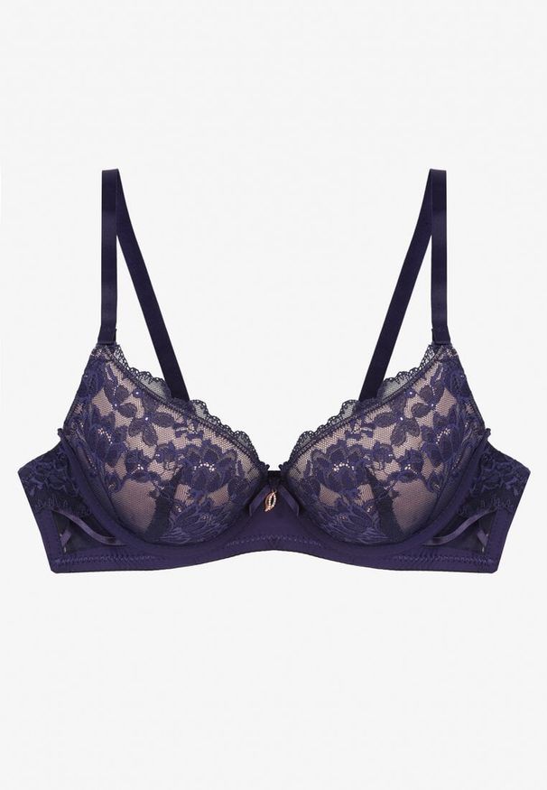 Born2be - Granatowo-Różowy Koronkowy Biustonosz Ozdobiony Kokardką Ezanzee. Kolor: niebieski. Materiał: koronka. Rodzaj stanika: odpinane ramiączka, różne sposoby noszenia. Wzór: aplikacja