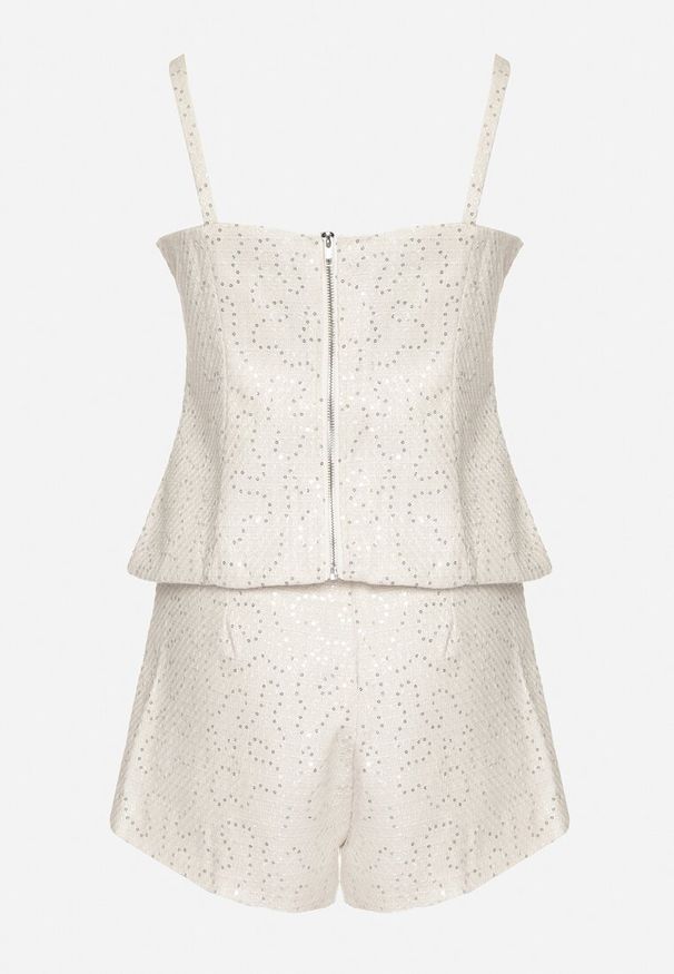 Born2be - Beżowy Błyszczący Komplet Bluzka na Ramiączkach i Spódnico-Spodenki z Cekinami Serivas. Kolor: beżowy