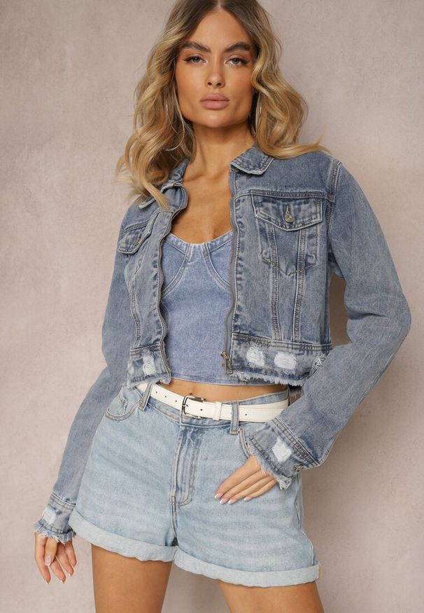 Renee - Niebieska Kurtka z Ozdobnymi Przetarciami Zapinana na Zamek Błyskawiczny z Kieszeniami Rosicella. Okazja: na co dzień. Kolor: niebieski. Materiał: jeans. Styl: elegancki, rockowy, casual