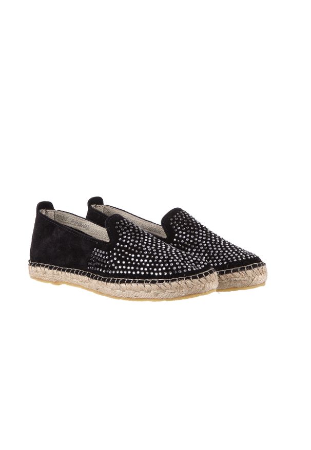 Espadryle Bayla-115 107601 Serraje Negro, Czarny, Skóra naturalna. Okazja: na co dzień. Kolor: czarny. Materiał: skóra. Wzór: aplikacja. Styl: casual