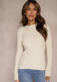 Renee - Jasnobeżowa Bluzka Longsleeve w Cienkie Prążki Terilissa. Okazja: na spotkanie biznesowe, na co dzień. Kolor: beżowy. Materiał: jeans, bawełna. Długość rękawa: długi rękaw. Wzór: prążki. Styl: biznesowy, casual, elegancki #3