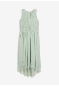 bonprix - Sukienka z dłuższym tyłem z delikatnego tiulu i koronki. Kolor: zielony. Materiał: tiul, koronka. Wzór: koronka. Typ sukienki: asymetryczne. Styl: elegancki #1