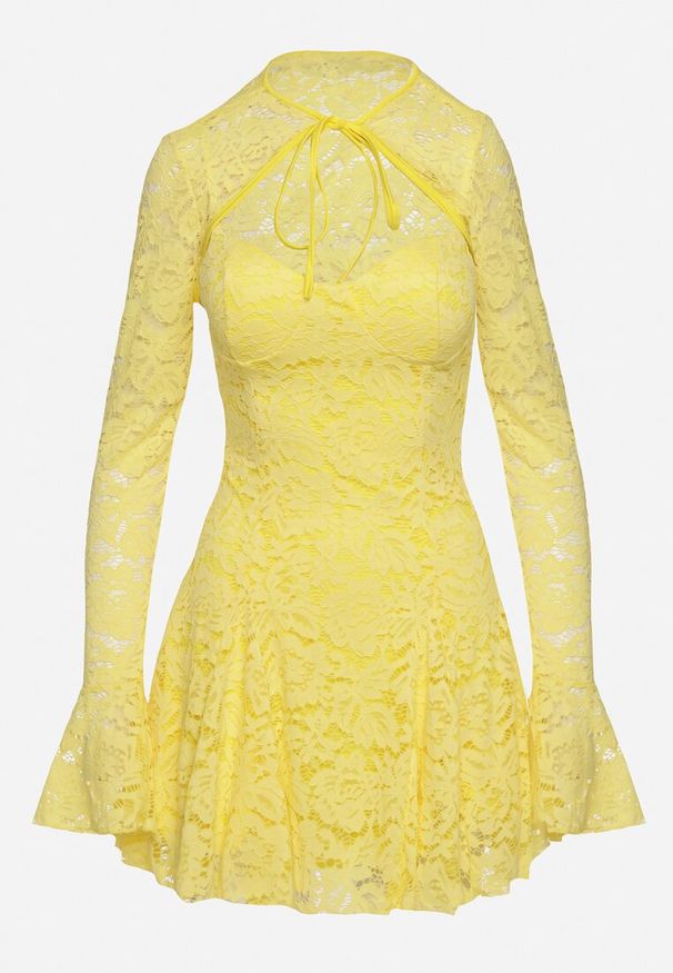 Born2be - Żółta Rozkloszowana Sukienka Koktajlowa z Koronką i Bolerkiem Eyrfedi. Okazja: na wesele, na randkę, na ślub cywilny. Kolor: żółty. Materiał: koronka. Długość rękawa: na ramiączkach. Wzór: koronka. Styl: wizytowy