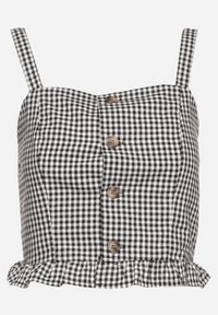 Born2be - Czarna Bluzka Top ze Wzorem Kraty Ozdobiony Falbanką i Guzikami Folorae. Okazja: na co dzień. Kolor: czarny. Materiał: jeans. Długość rękawa: na ramiączkach. Długość: krótkie. Wzór: aplikacja. Styl: elegancki, casual #7