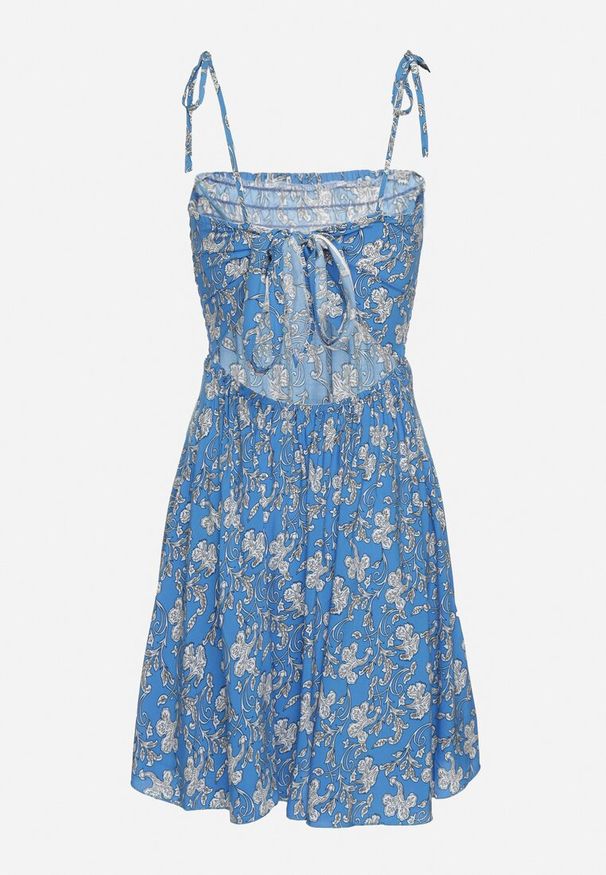 Born2be - Niebieska Rozkloszowana Sukienka z Bawełny na Ramiączkach z Wiązaniem na Plecach Nelsina. Okazja: na imprezę. Kolor: niebieski. Materiał: bawełna. Długość rękawa: na ramiączkach. Sezon: lato. Styl: elegancki, klasyczny