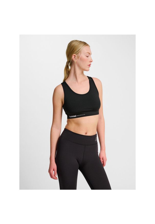 Damski biustonosz typu light support Hummel Pulse. Kolor: czarny. Styl: sportowy