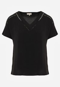 Born2be - Czarna Bluzka z Rozszerzanym Dołem i Ażurowymi Wstawkami Urinity. Okazja: na co dzień. Kolor: czarny. Długość rękawa: krótki rękaw. Długość: krótkie. Wzór: ażurowy. Styl: casual #8