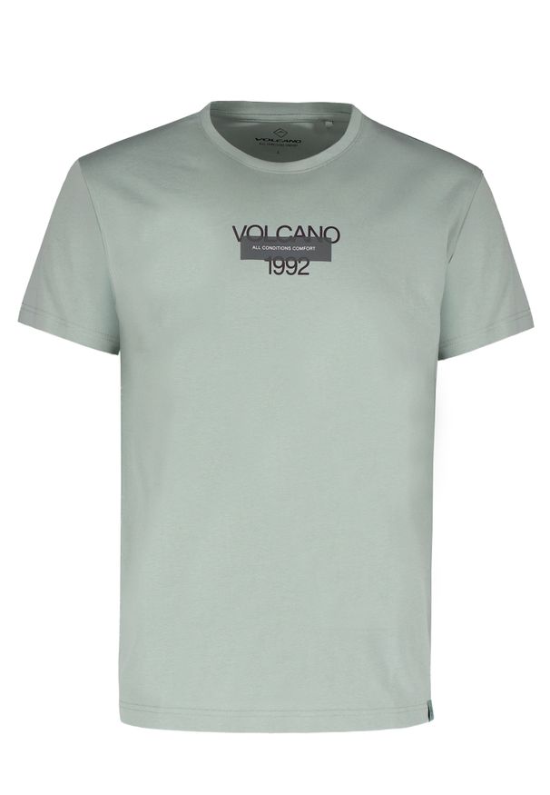 Volcano - Bawełniana koszulka, Comfort Fit, T-CALVI. Kolor: miętowy. Materiał: bawełna. Długość rękawa: krótki rękaw. Długość: krótkie. Wzór: nadruk, napisy. Styl: klasyczny