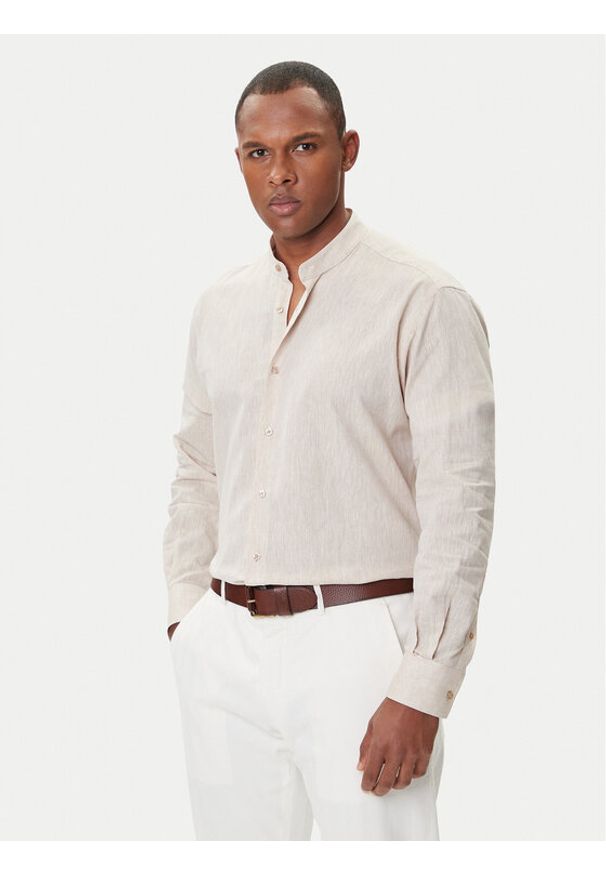 Karl Lagerfeld - KARL LAGERFELD Koszula 605035 552627 Beżowy Regular Fit. Typ kołnierza: dekolt w karo. Kolor: beżowy. Materiał: len, bawełna