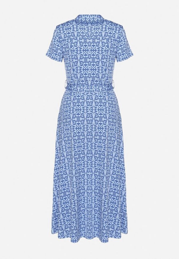 Born2be - Niebieska Taliowana Sukienka z Wiskozą Ozdobiona Materiałowym Paskiem i Guzikami Franea. Okazja: na co dzień. Kolor: niebieski. Materiał: materiał, wiskoza. Wzór: aplikacja. Styl: casual, elegancki