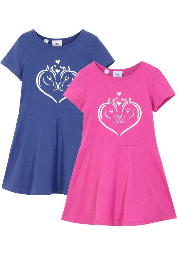 bonprix - Sukienka z dżerseju z czystej bawełny organicznej (2 szt.). Kolor: niebieski. Materiał: jersey, bawełna. Długość rękawa: krótki rękaw. Wzór: nadruk