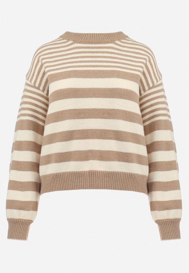 Born2be - Beżowy Sweter w Paski z Okrągłym Dekoltem Hussa. Kolor: beżowy. Materiał: dzianina. Długość rękawa: długi rękaw. Długość: długie. Wzór: paski