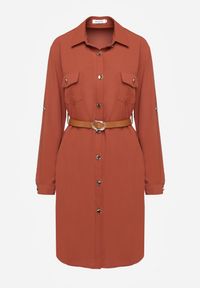 Renee - Brązowa Koszulowa Sukienka Ozdobiona Paskiem i Rękawem z Regulacją Esaviona. Okazja: na co dzień. Kolor: brązowy. Materiał: jeans. Wzór: aplikacja. Typ sukienki: koszulowe. Styl: casual, elegancki #3