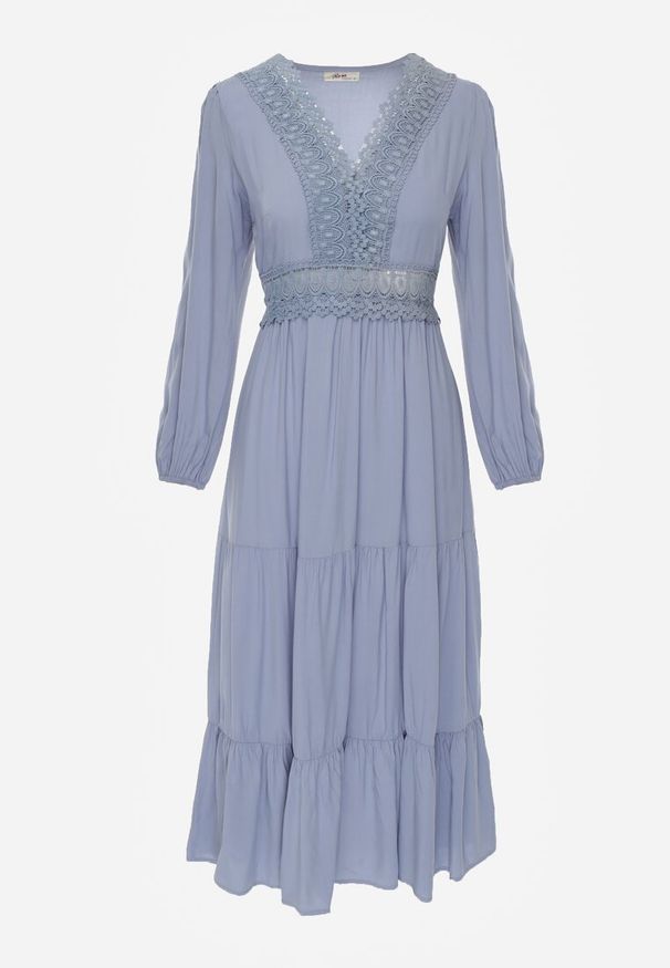 Renee - Niebieska Sukienka Rozkloszowana z Falbanką i Koronką Kiaya. Kolor: niebieski. Materiał: koronka. Wzór: koronka. Długość: maxi