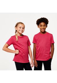DOMYOS - Koszulka z krótkim rękawem dziecięca Domyos. Kolor: różowy. Materiał: tkanina, prążkowany, bawełna, materiał. Długość rękawa: krótki rękaw. Długość: krótkie