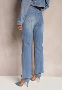 Renee - Niebieskie Jeansy Dzwony z Przedarciami i Paskiem z Klamrą z Cyrkoniami Letha. Okazja: na co dzień. Kolor: niebieski. Wzór: aplikacja. Styl: retro, elegancki, casual #3