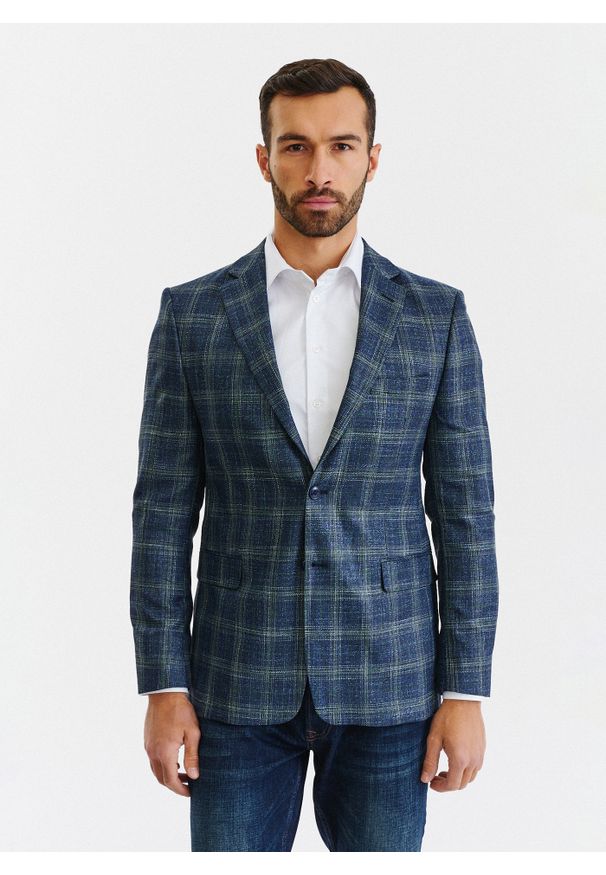 Pako Lorente - PAKO LORENTE – Granatowa casualowa marynarka męska w zieloną kratę. Okazja: na co dzień. Kolor: niebieski, zielony, wielokolorowy. Materiał: poliester, wiskoza, elastan. Styl: casual
