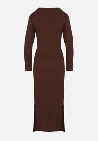 Born2be - Brązowa Taliowana Sukienka z Ozdobnym Wiązaniem i Rozcięciami Esilda. Okazja: na co dzień, na spotkanie biznesowe. Kolor: brązowy. Styl: casual, elegancki, biznesowy, klasyczny