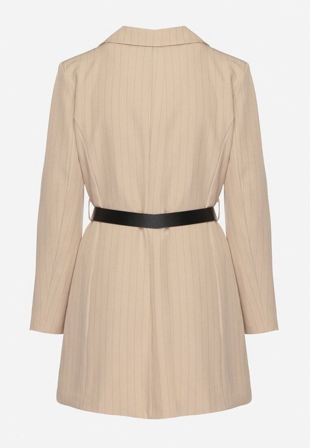 Born2be - Beżowa Sukienka w Stylu Marynarki z Wiskozą z Usztywnioną Linią Ramion w Paski Nevolia. Okazja: do pracy. Kolor: beżowy. Materiał: wiskoza. Wzór: paski. Styl: elegancki, klasyczny