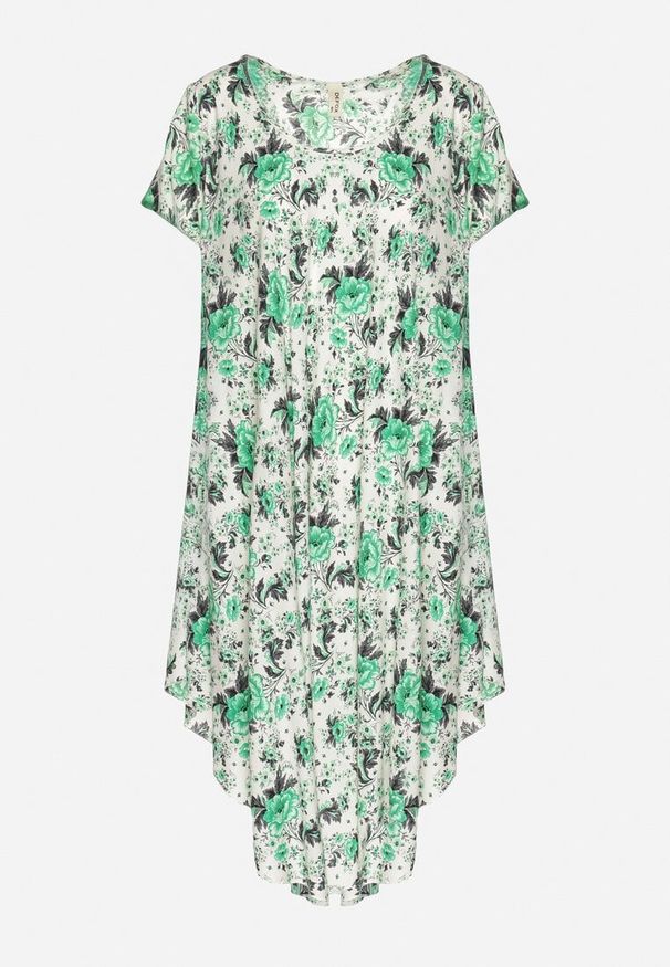 Born2be - Zielona Sukienka Bawełniana z Asymetrycznym Dołem w Kwiatki Nativienne. Kolor: zielony. Materiał: bawełna. Długość rękawa: krótki rękaw. Wzór: kwiaty. Sezon: lato. Typ sukienki: asymetryczne. Styl: elegancki