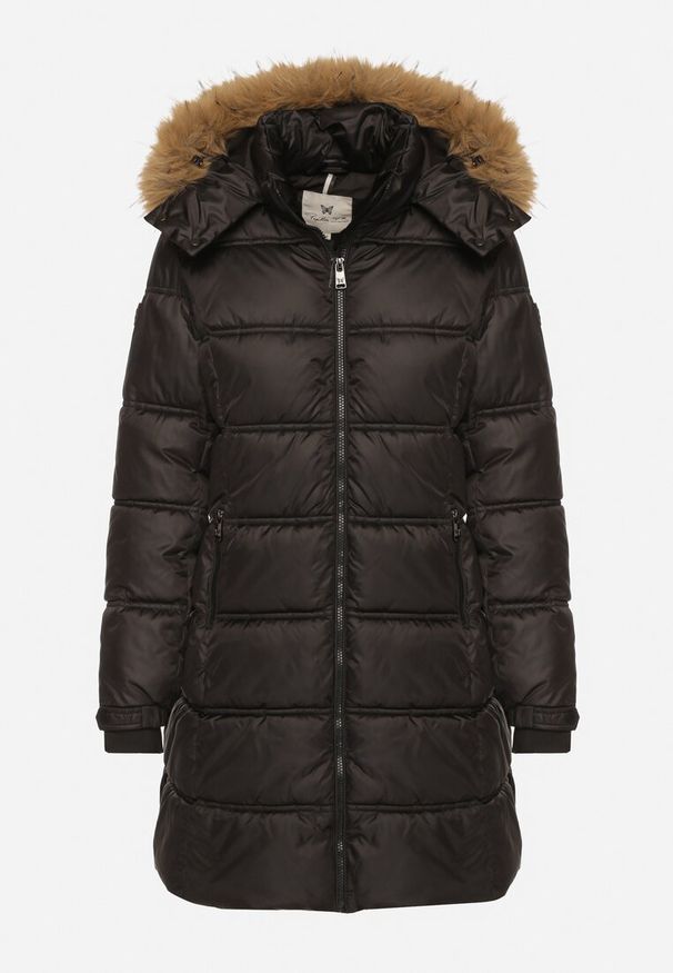 Born2be - Czarna Długa Kurtka Pikowana z Kapturem z Futrem z Możliwością Odpięcia Feneia. Okazja: na co dzień. Typ kołnierza: kaptur. Kolor: czarny. Materiał: futro. Długość: długie. Styl: casual