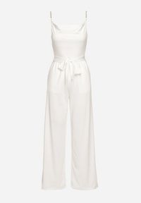 Born2be - Biały Kombinezon na Ozdobnych Ramiączkach z Gumką w Pasie i Materiałowym Paskiem Cinna. Kolor: biały. Materiał: materiał. Długość rękawa: na ramiączkach. Styl: klasyczny #6