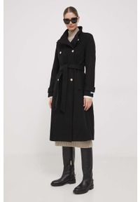 DKNY - Dkny płaszcz wełniany kolor czarny przejściowy dwurzędowy. Okazja: na co dzień. Kolor: czarny. Materiał: wełna. Styl: casual, klasyczny
