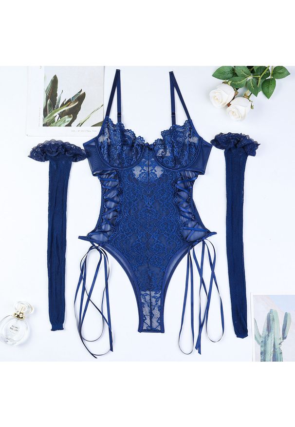 Intica - Body z koronką i sznurowaniem na wieczór Lella. Kolor: niebieski. Materiał: koronka. Wzór: koronka