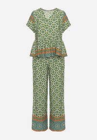 Born2be - Zielony Letni Komplet z Wiskozy w Mozaikowy Wzór Bluzka i Szerokie Spodnie Latasha. Kolor: zielony. Materiał: wiskoza #7