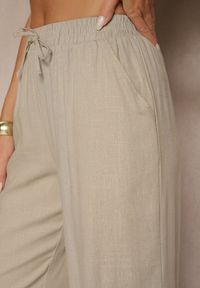 Renee - Beżowe Spodnie z Lnem o Szerokim Kroju z Gumką w Talii Filarive. Okazja: na co dzień. Kolor: beżowy. Materiał: len. Sezon: lato, wiosna. Styl: elegancki, casual