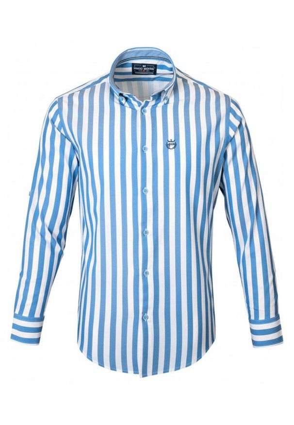 Biała, Lekko Taliowana Koszula Męska - Pako Jeans - Niebieski Prążek. Okazja: na co dzień. Kolor: niebieski. Materiał: wiskoza, bawełna. Wzór: paski. Styl: casual